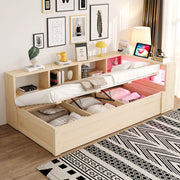 Letto singolo 90 × 200 cm con presa multifunzione, luce LED, vani contenitore e senza materasso, legno naturale