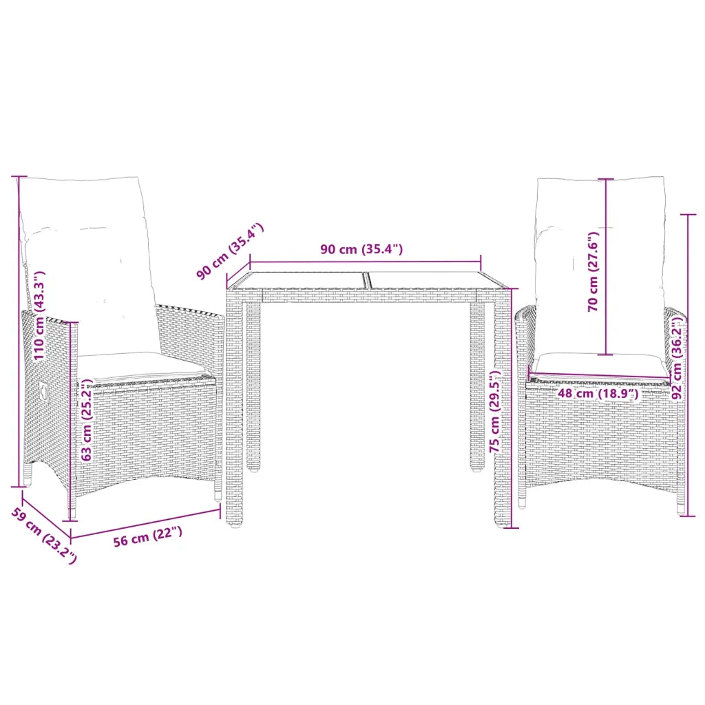 Set da Bistrò 3 pz con Cuscini Nero in Polyrattan