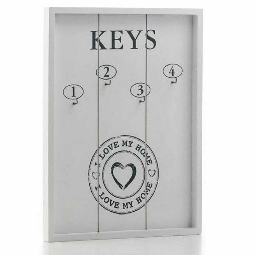 Trade Shop - Portachiavi Pannello Appendi Chiavi In Legno 4 Ganci 24 X 32 Cm I Love My Home -