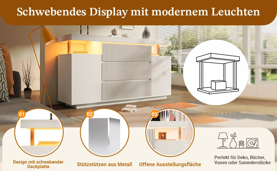 Credenza LED moderna bianca 150x40x78 cm con 6 cassetti e 2 ante, design sospeso