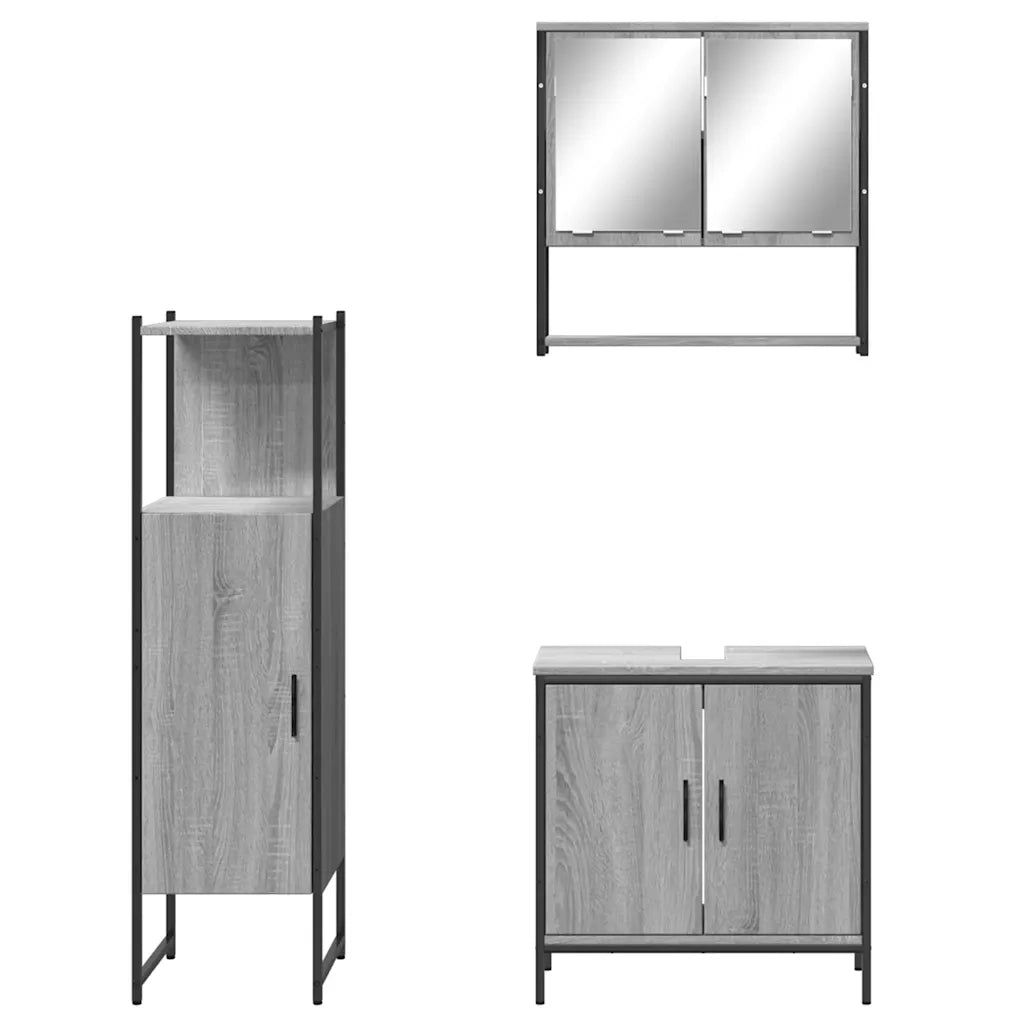 Set Mobili da Bagno | Armadio da bagno 3 pz Grigio Sonoma in Legno Multistrato