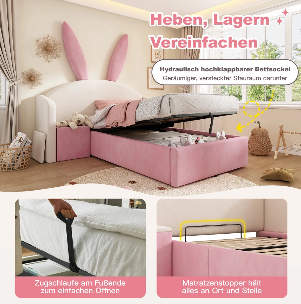 Letto imbottito 90 x 200 cm beige e rosa con contenitore e comodino