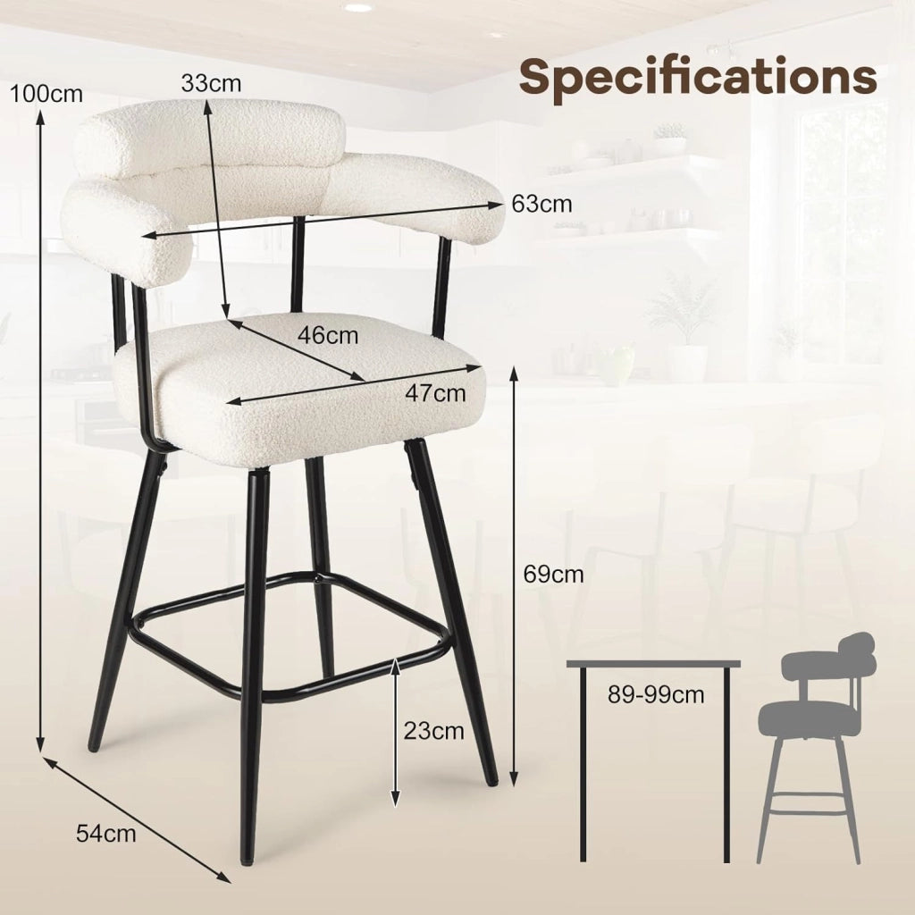 Set di 2 Sgabelli da Bar Girevoli Altezza 69 cm, Sedie Moderne Imbottite con Tessuto Boucle, Schienali Curvi e Gambe in Metallo, Sedie Girevoli per Isola Cucina, Casa, Bianco/Grigio (Bianco)