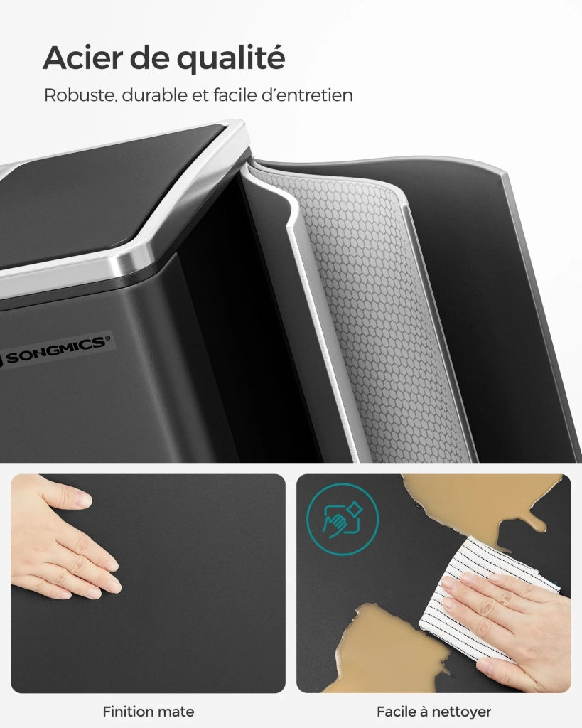Pattumiera in metallo da 30 litri con doppio scomparto (2 x 15 litri) con secchi interni e maniglie chiusura ammortizzata ermetica nera 12_0007271