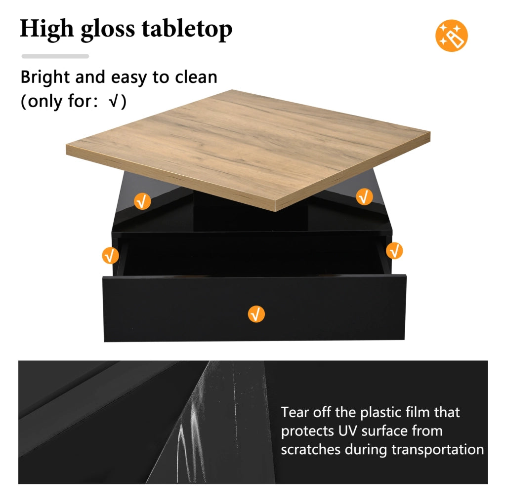 Tavolino da caffè quadrato girevole a 360° con vano nascosto 70x70x36 cm in truciolare; noce e nero