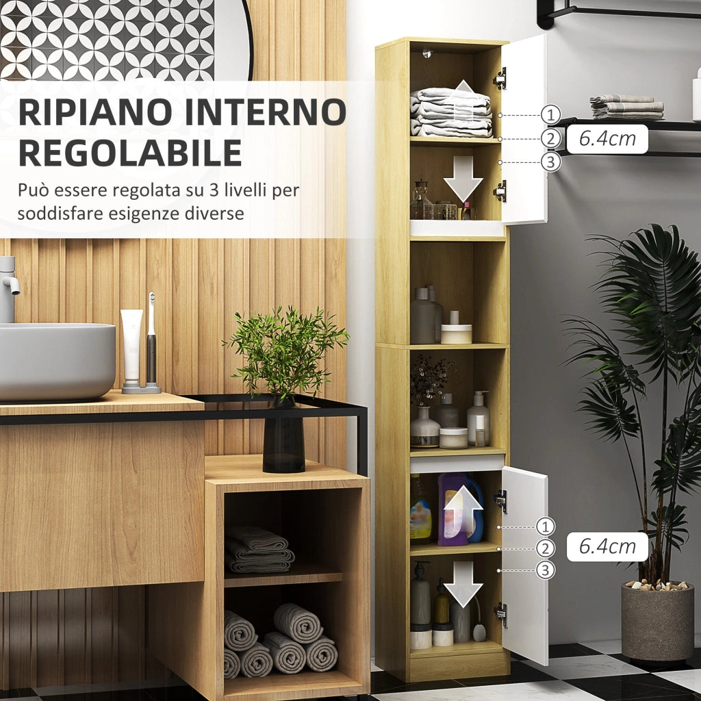 Mobile a Colonna da Bagno Salvaspazio con 2 Armadietti e 2 Ripiani 30x24x170 cm Rovere e Bianco