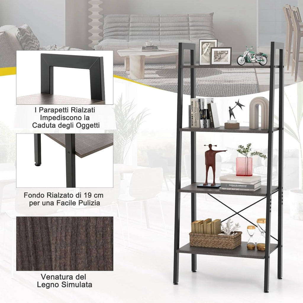Scaffale 4 Ripiani, Libreria Scaffale con Telaio in Metallo Kit Antiribaltamento e Piedini Regolabili, Scaffale Espositivo per Soggiorno Cucina Ufficio, 56x34x138 cm (Caffè)