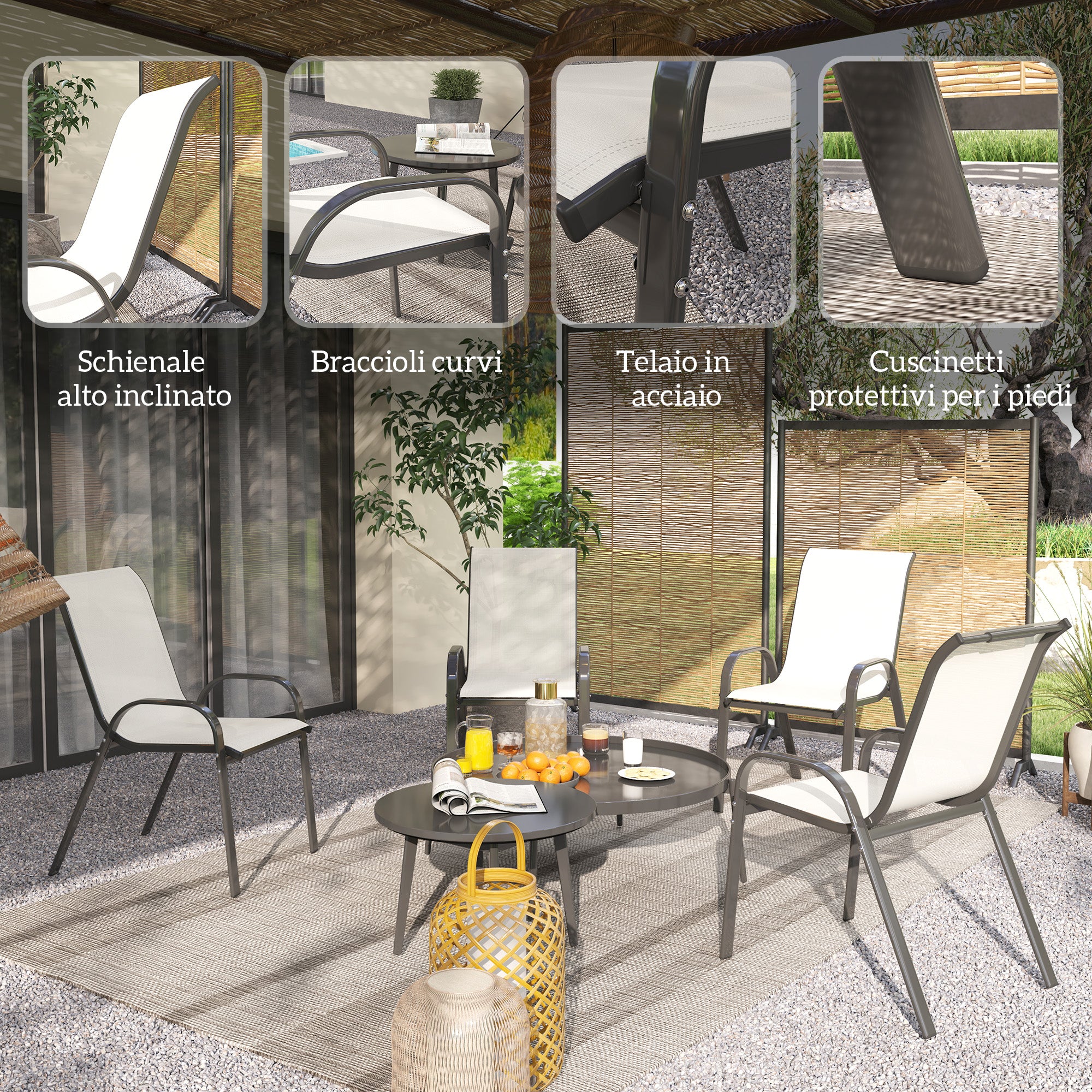 Set 4 Sedie da Giardino 54x71x93 cm Impilabili con Braccioli Curvi in Acciaio e Tessuto Traspirante Beige