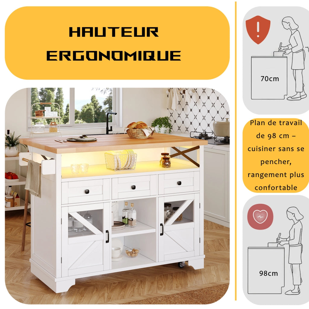 OKWISH Carrello da Cucina con 3 Cassetti e 2 Ante, Piano Pieghevole, Ripiani Regolabili e Ruote, Bianco
