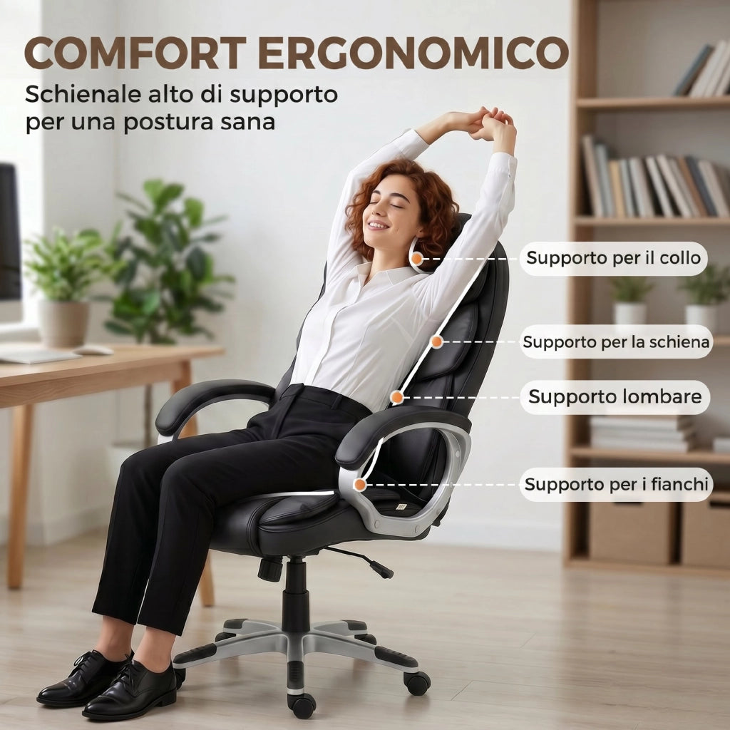 Sedia Ufficio Ergonomica Girevole in Pelle ¨C Zephmum ¨C Nero, Altezza Regolabile