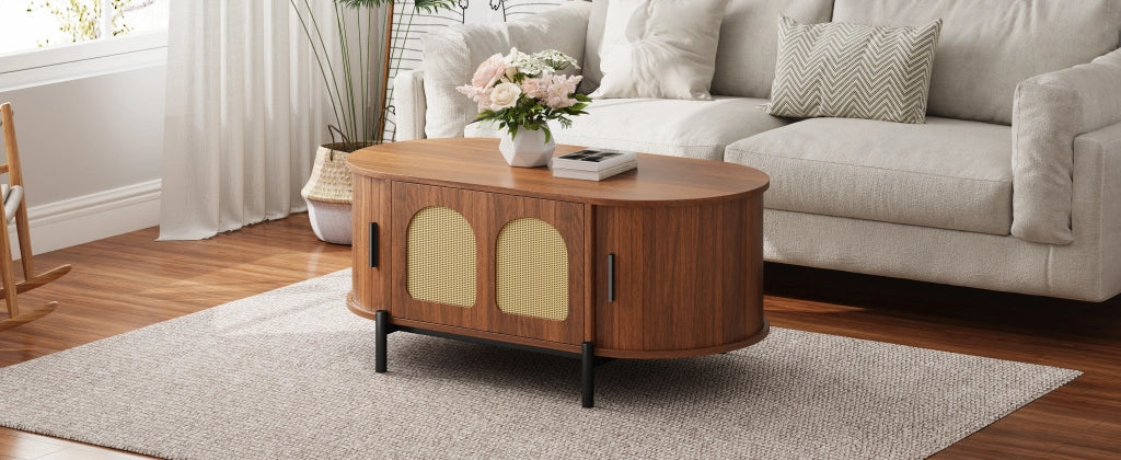 Tavolino basso ovale con ante scorrevoli in rattan e vani contenitore, per soggiorno, in MDF, noce, 100 × 50 × 40 cm