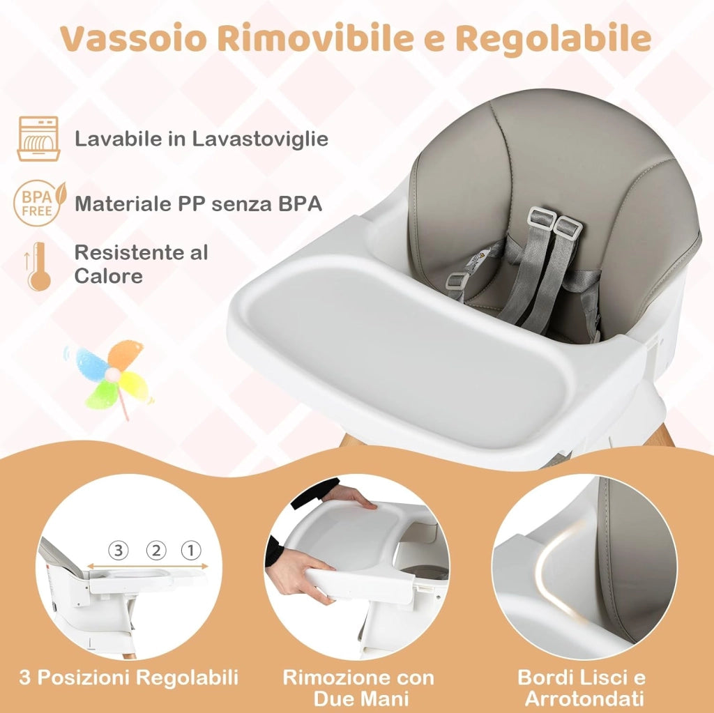 Seggiolone Pappa per Bambini, Seggiolone Convertibile con Cintura e Vassoio Rimovibile, Sedia Evolutiva per Neonati, Telaio in Legno Massello, per Neonati 6-36 Mesi (Grigio Chiaro)