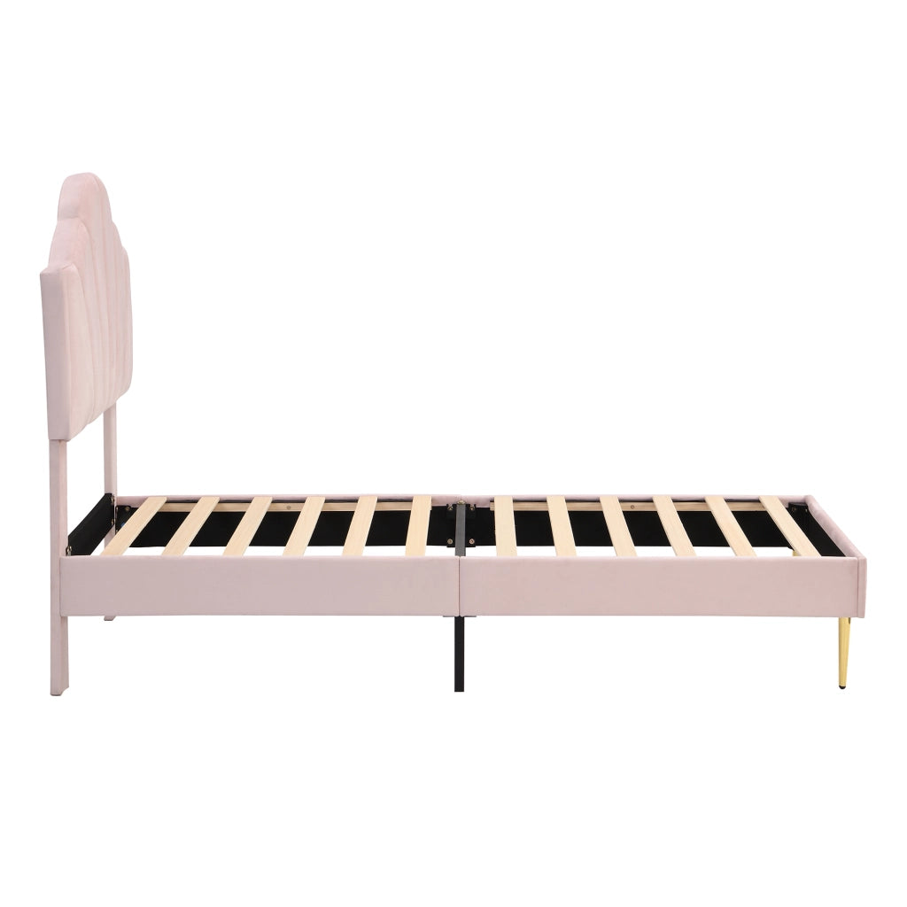 Letto singolo 90 × 200 cm con testiera regolabile e panca contenitore, senza materasso, in velluto rosa