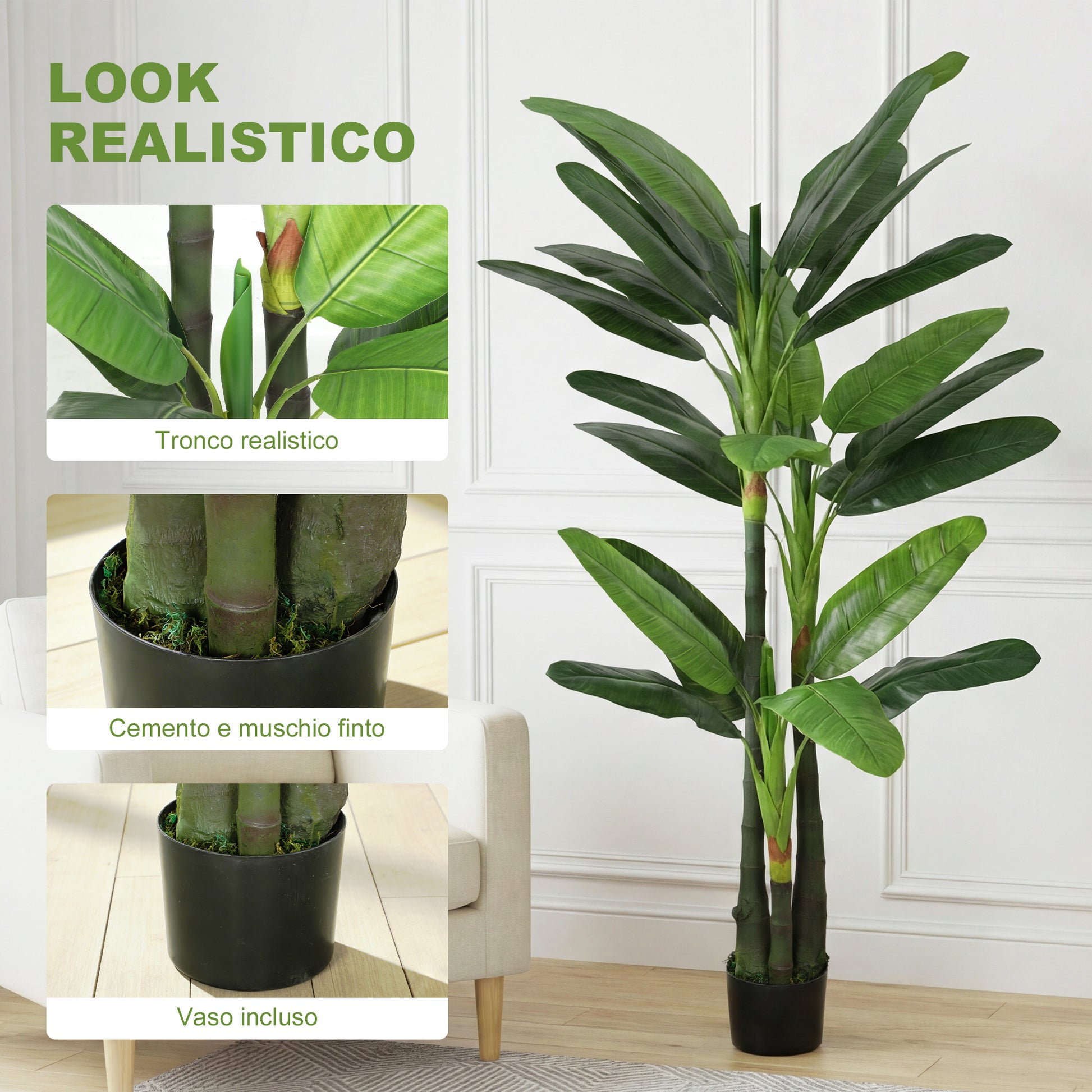 Pianta Artificiale Albero di Banano Finto con 18 Foglie Alto 180 cm Verde