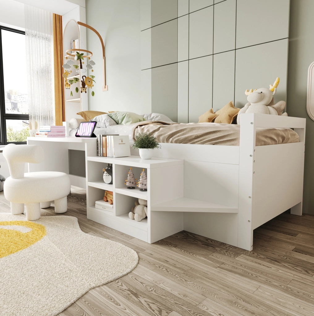 Letto singolo multifunzione 90x200 cm con scrivania; vani contenitore e prese USB; bianco