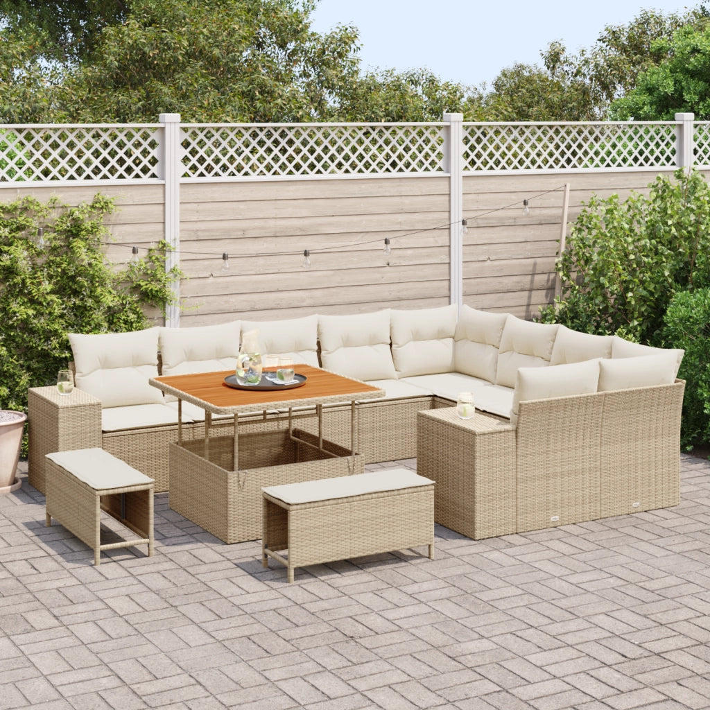 Set Divano da Giardino con Cuscini  da 12 Pezzi Beige Polirattan Acacia