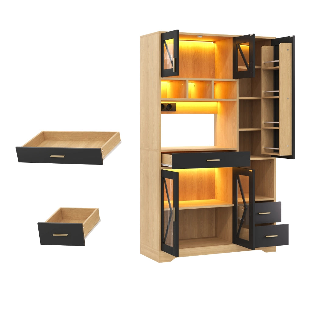 Buffet da cucina in stile vintage con LED RGB, prese e ampio spazio contenitore, 185 x 105 x 40 cm