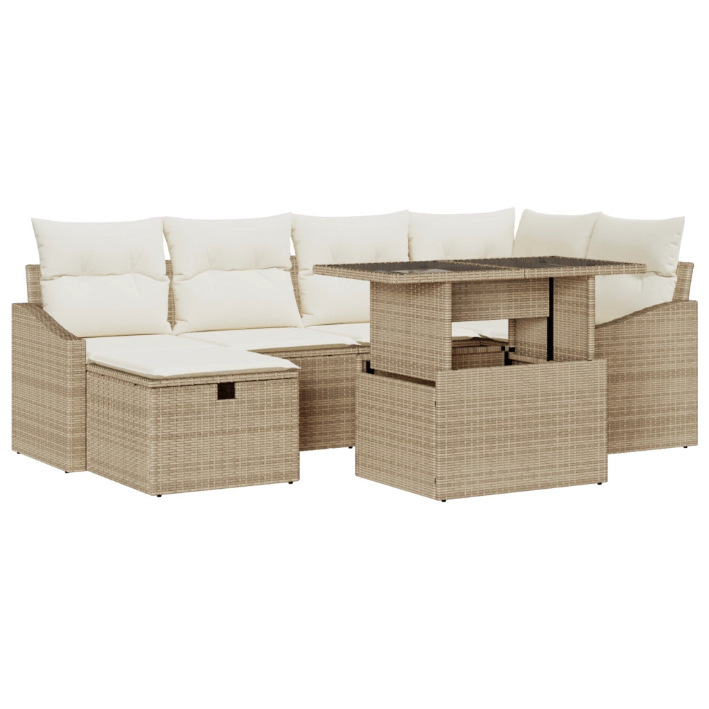 Set Divano da Giardino in 7 Pezzi con Cuscini Beige in Rattan Composito