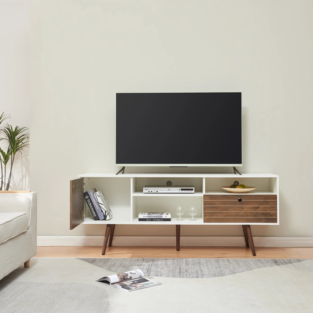 Mobile TV Vare con Cassetto Anta e Vani Aperti 165x40x66 cm - Bianco/Effetto Noce [en.casa]