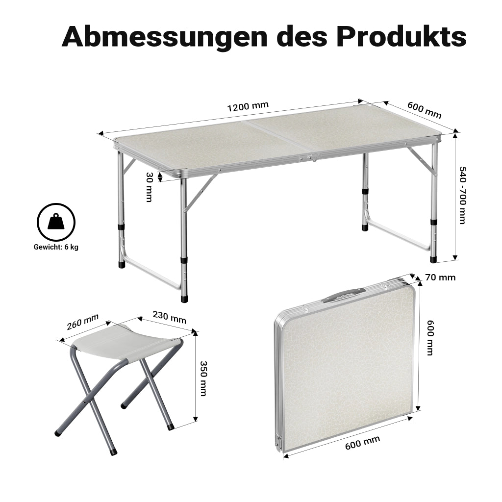 Set da campeggio con tavolo pieghevole regolabile in altezza e 4 sedie richiudibili per uso outdoor
