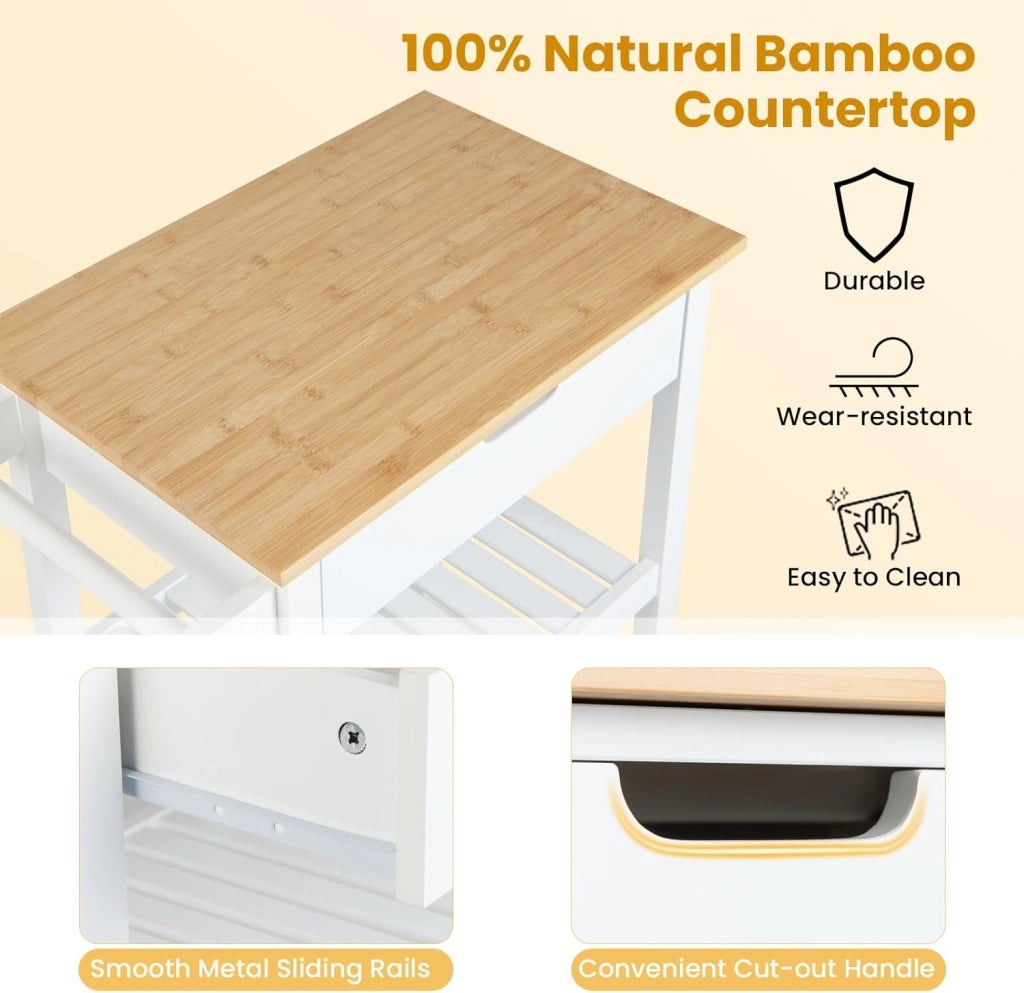 Carrello da Cucina, Carrello Cucina con Cassetti e Piano di Lavoro, Carrello da Cucina con Ruote, Carrellino Portaoggetti Multiuso, Portaoggeti in Bambù (Bianco)
