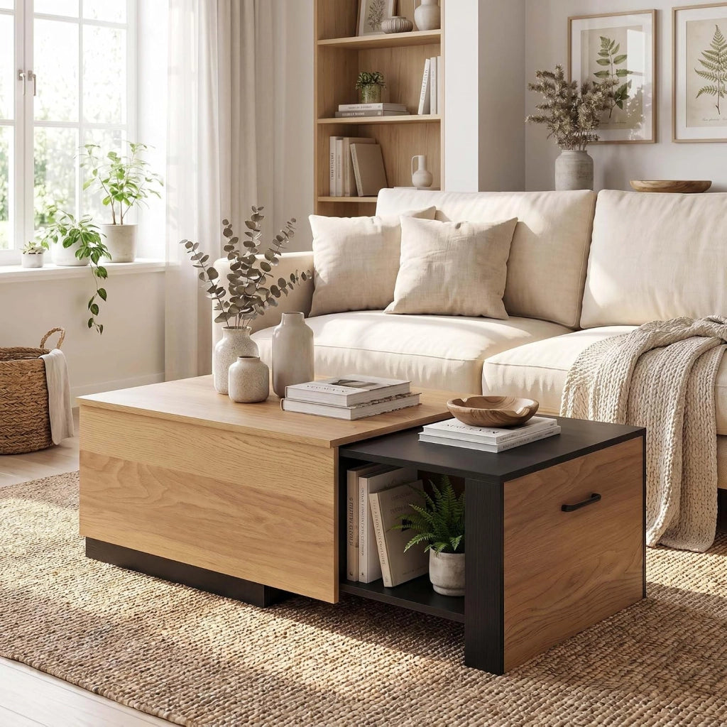 Tavolino da Caffè Estensibile, Tavolino da Salotto con Cassetto Nascosto e Scomparto Aperto, Tavolo Rettangolare con Piano Allungabile in Legno per Soggiorno e Camera, 118 X 60 X 37 CM