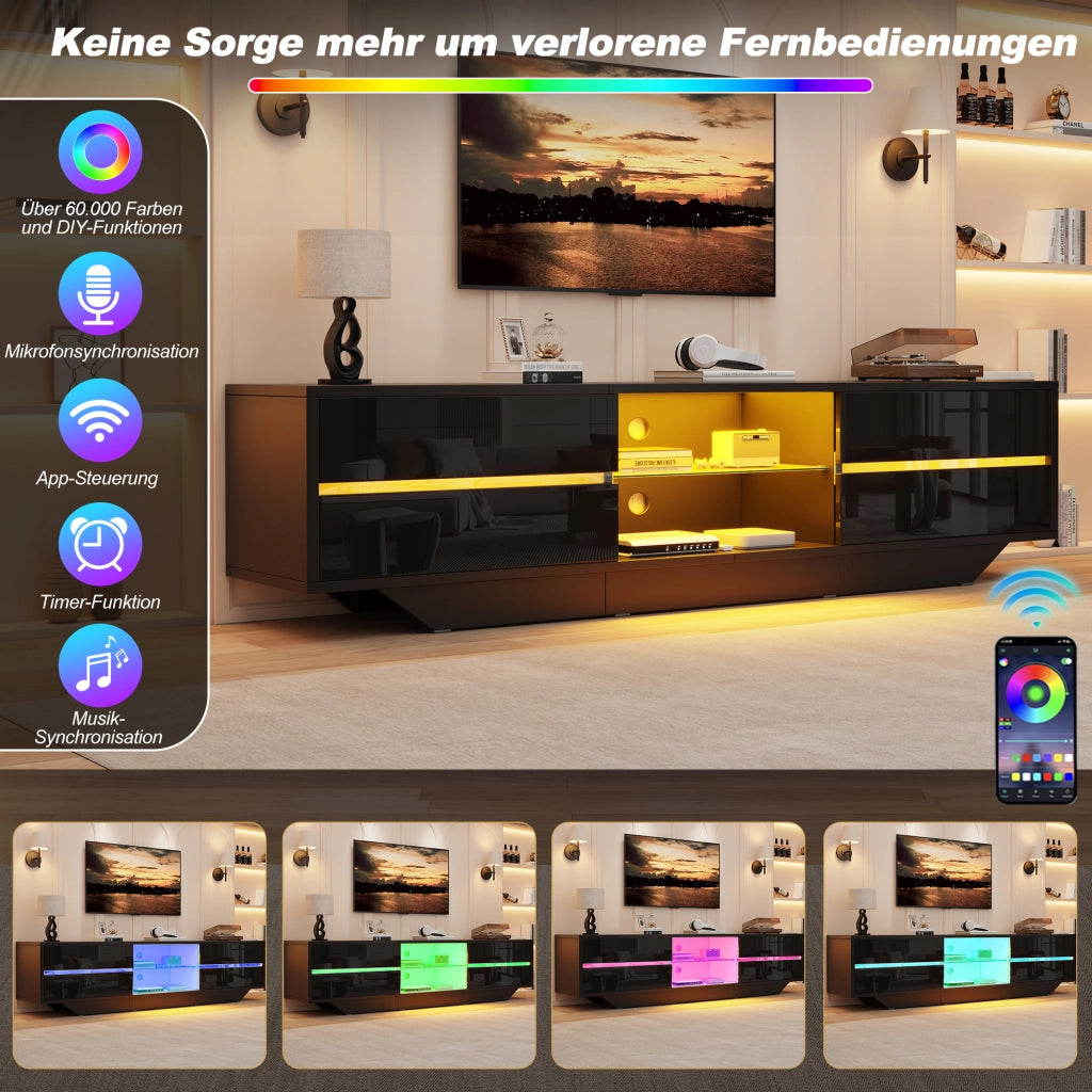 Mobile porta TV con LED RGB, 2 ante e 4 vani con ripiano in vetro regolabile, per soggiorno, nero, 160 × 35 × 44,5 cm