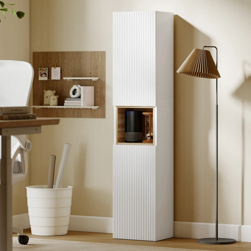 Mobile da Bagno 30x24x140 cm a 2 Ante con Spazio Aperto e Ripiani Regolabili in Legno Bianco