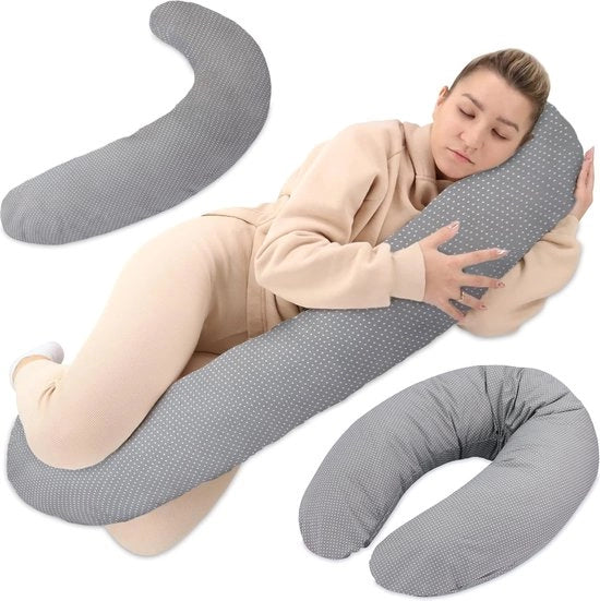 Cuscino per allattamento, XXL, cuscino laterale, cuscino per la gravidanza, cuscino di supporto, per adulti, 165 x 70 cm, punti su grigio