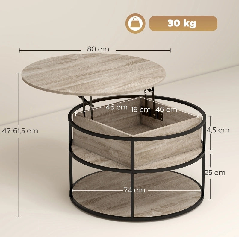 Tavolino da caffè rotondo elevabile ?80 cm in MDF color rovere