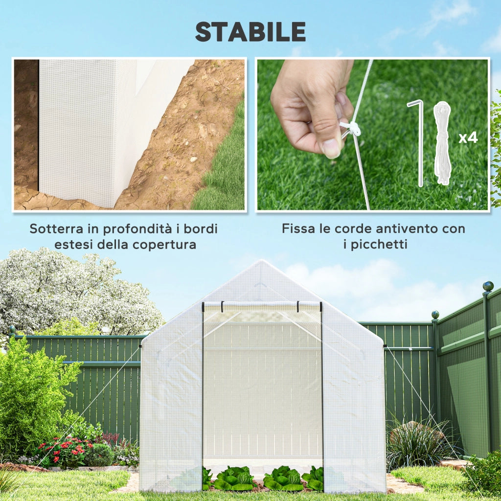 Serra a Tunnel 2x3x2 m con Porte e Finestre Avvolgibili e Tetto a Punta, in Acciaio e PE, Bianco