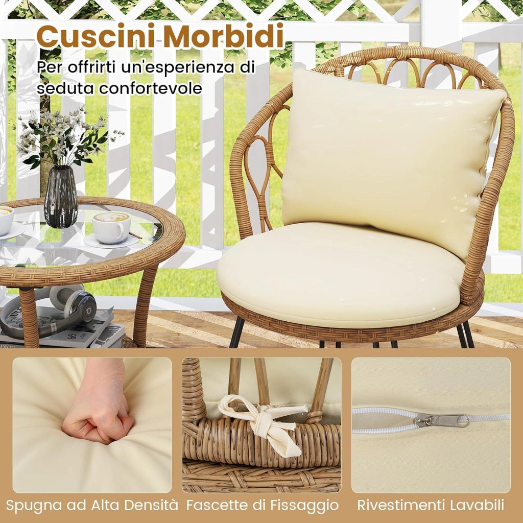 Set da Bistrò in PE Rattan 3 Pezzi, Set Conversazione con Cuscini e Tavolino da Caffè in Vetro Temperato a 2 Livelli, Mobili da Esterno con Sedie in Rattan per Balcone, Terrazza e Giardino