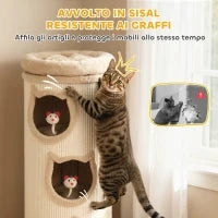 Torre Tiragraffi per Gatti Alta 96 cm con 3 Casette e Lettino Superiore Rimovibile e Lavabile, Crema