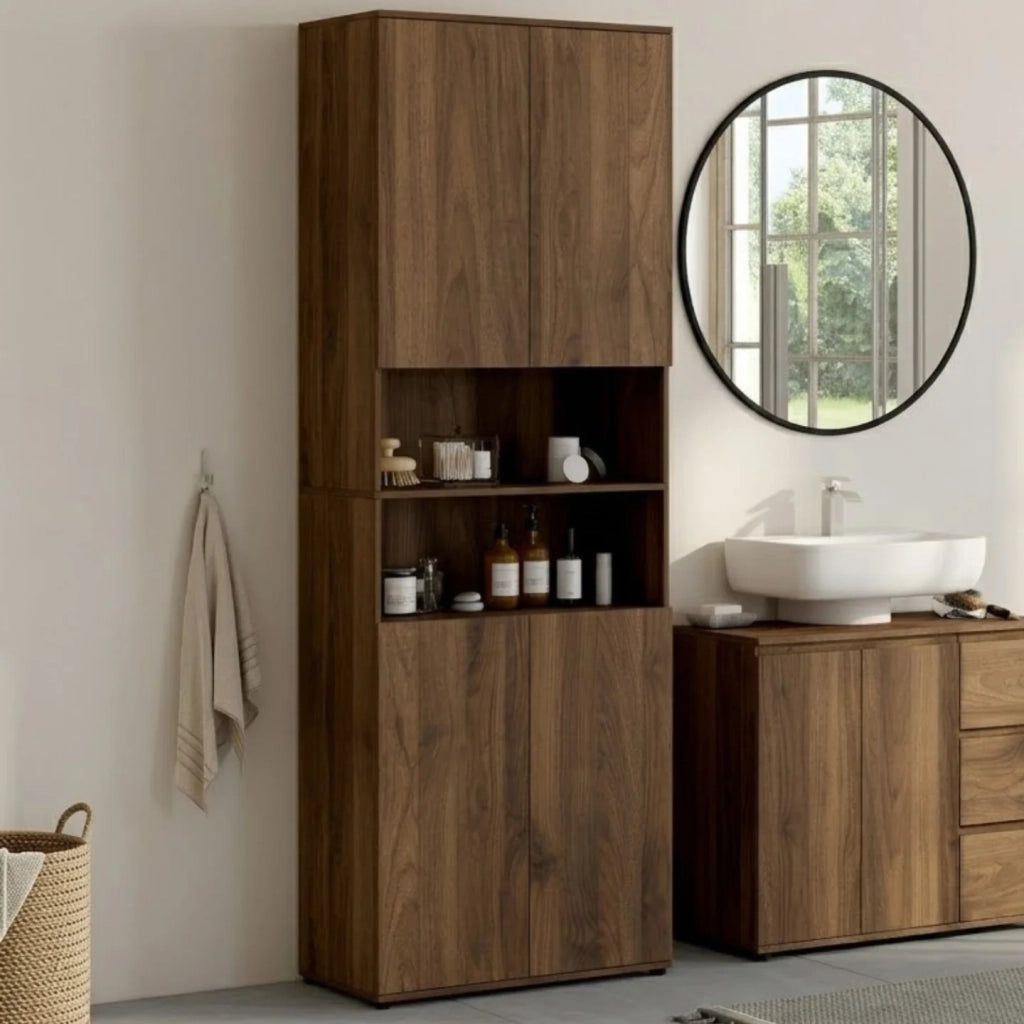 IDMarket - Mobile bagno TOMI a 4 ante e 2 nicchie effetto noce