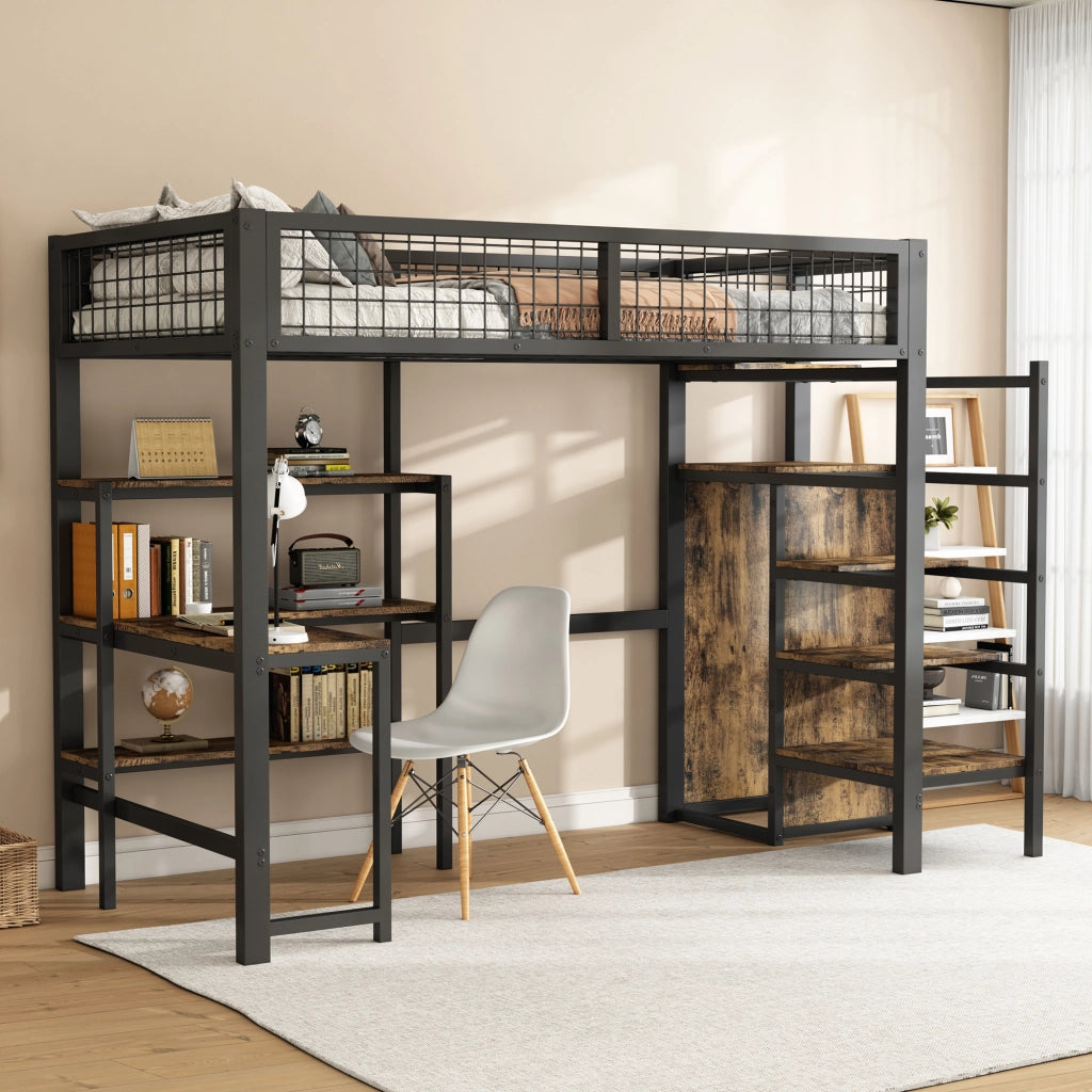 OKWISH Letto a Soppalco 90×200 cm, Letto Singolo con Scrivania, Mensole e Armadio, senza Materasso, in Metallo e MDF, Nero e Marrone