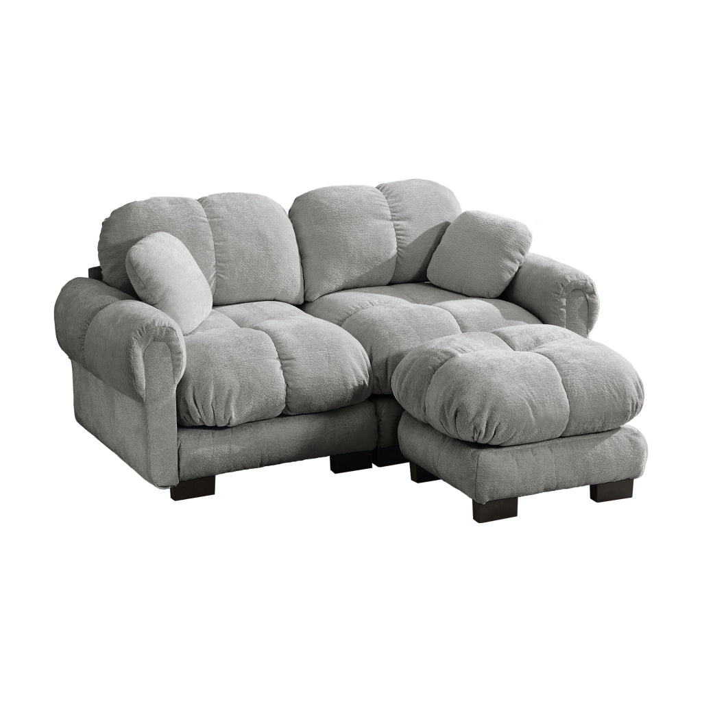 Divano angolare 2 posti con pouf mobile e seduta trapuntata in chenille grigio chiaro 190 × 149 × 90 cm