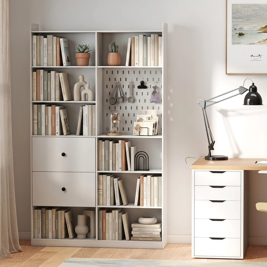Libreria Doppia a 6 Livelli con Cassetti e Pannello Forato, Bianco