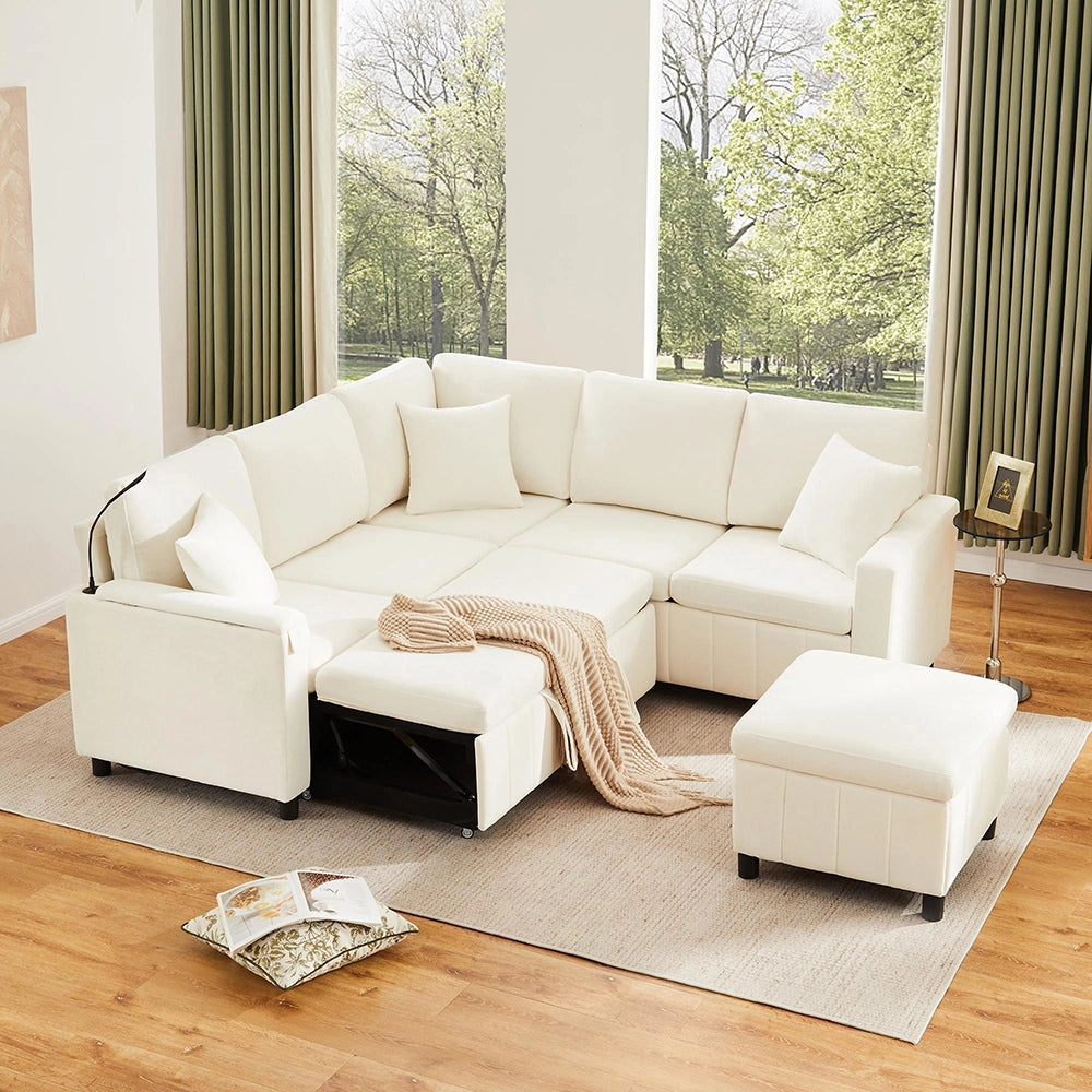 Divano letto angolare in velluto - Xylo - 205x205x85 cm - Beige - Con pouf, luce, USB, tavolo nascosto