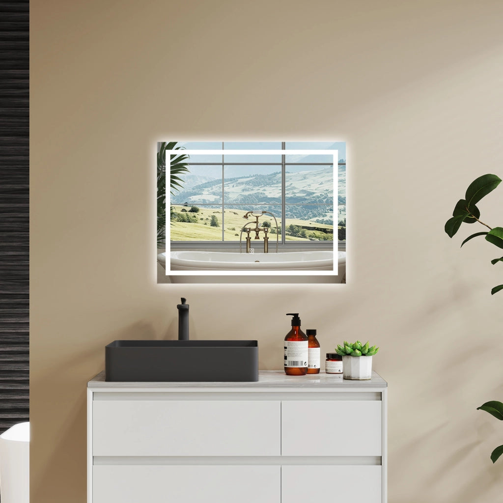 80×60 cm Specchio da Bagno Rettangolare a LED Specchio da Toeletta Specchio da Parete, Luce Bianca 6000K, Anti-fog, Touch