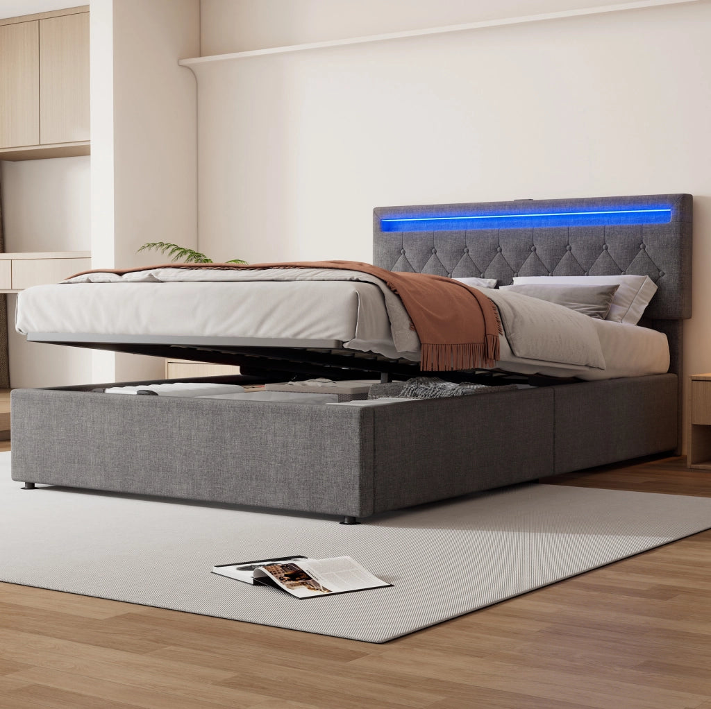 Letto matrimoniale 140x200 cm imbottito con contenitore; LED RGB; USB e USB-C; grigio