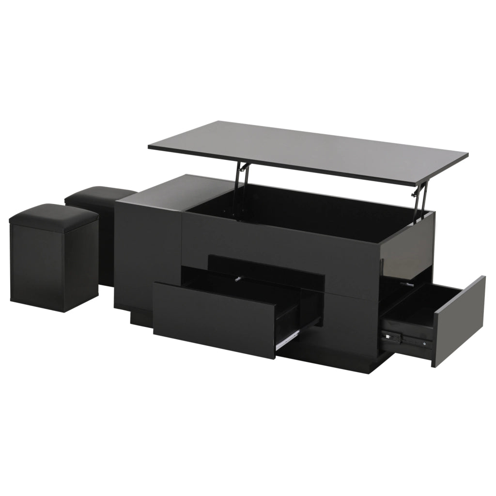 Tavolino da caffè 100x50 cm con altezza regolabile; LED; 2 cassetti e 2 sgabelli; nero