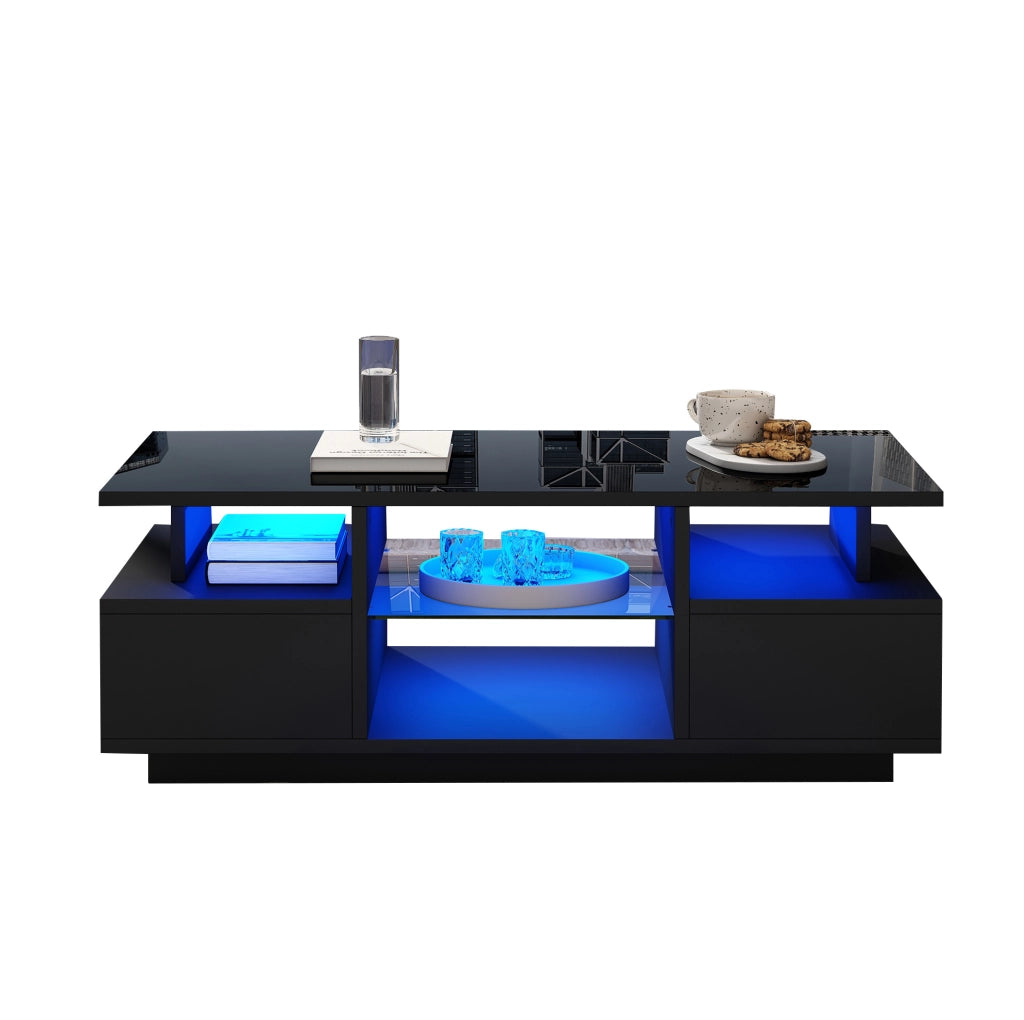 Tavolino da caffè 100x50x36 cm con LED; 2 cassetti e ripiani in vetro; nero lucido