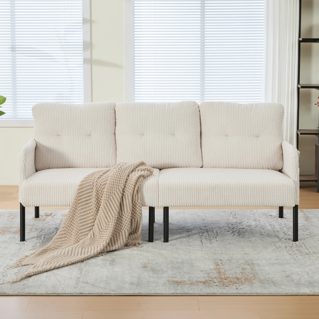 Divano tre posti beige in velluto a coste con schienale ergonomico e tasca laterale capiente