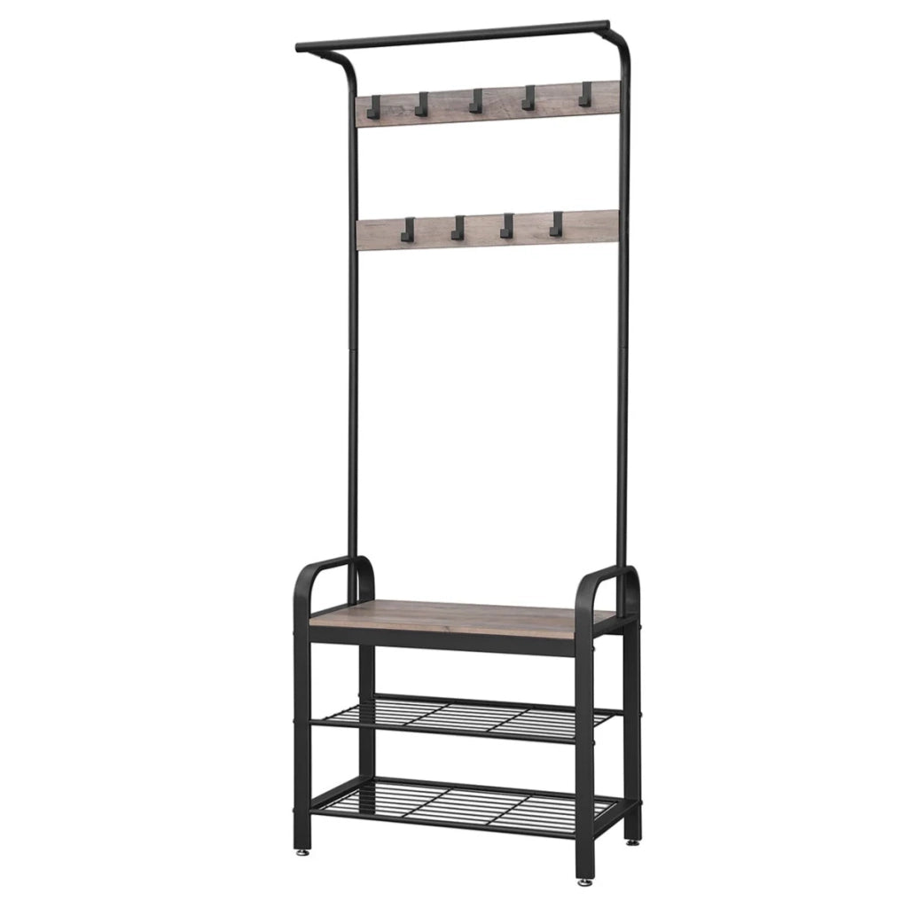 Appendiabiti guardaroba guardaroba ingresso con ganci removibili panca e scarpiera altezza 183 cm struttura in metallo stile industriale colore greige e nero 12_0003649