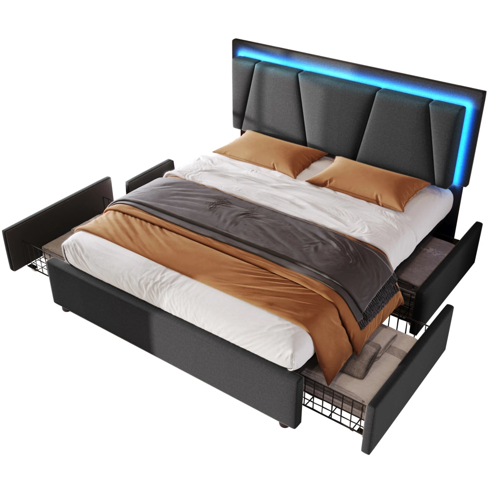 Letto contenitore 140x200 cm con LED; testiera regolabile e 4 cassetti; grigio