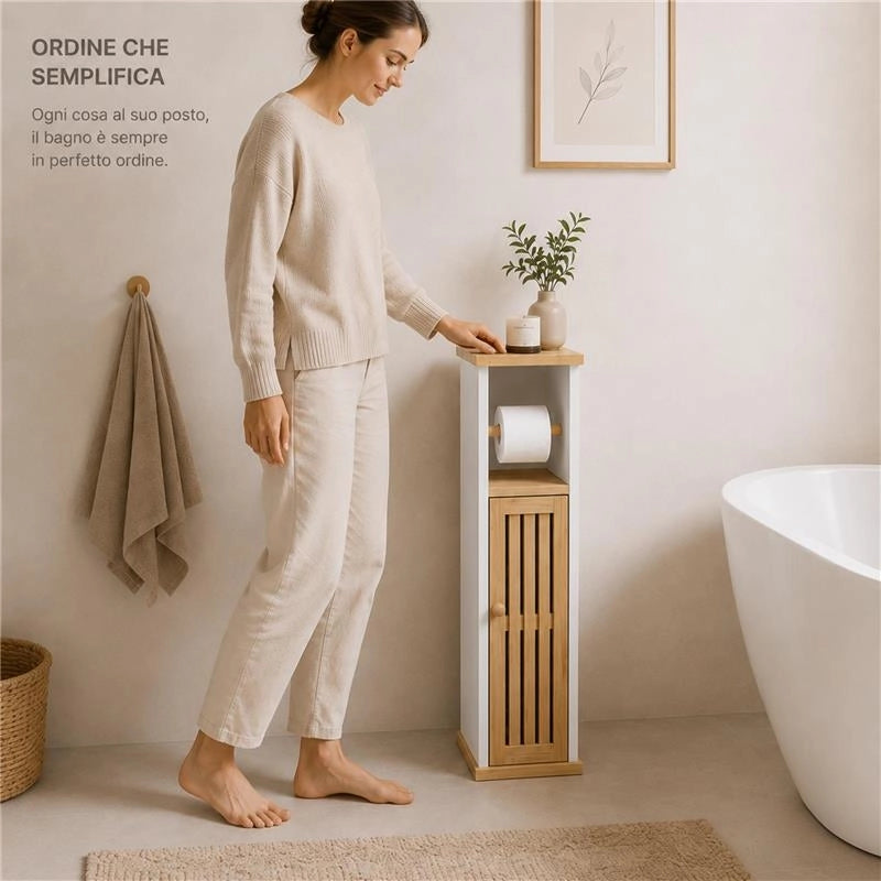 MOBILE PORTA ROTOLO IN LEGNO BIANCO CON ANTA IN BAMBOO DIMENSIONI 18X18X75 CM