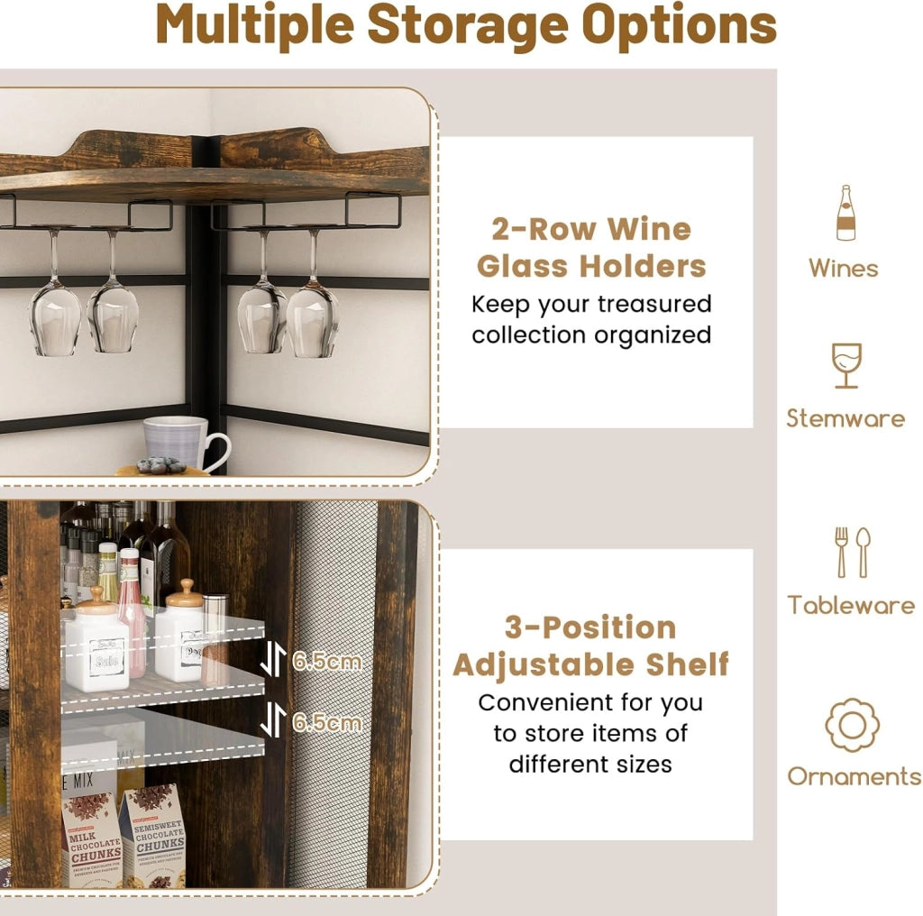 Cantinetta Portabottiglie in Legno, Mobiletto Bar con Porta Bicchieri in Vetro, Porte in Metallo e Ripiano Regolabile, Angolo Bar per Soggiorno, Sala da Pranzo, 48x48x130cm (Marrone)