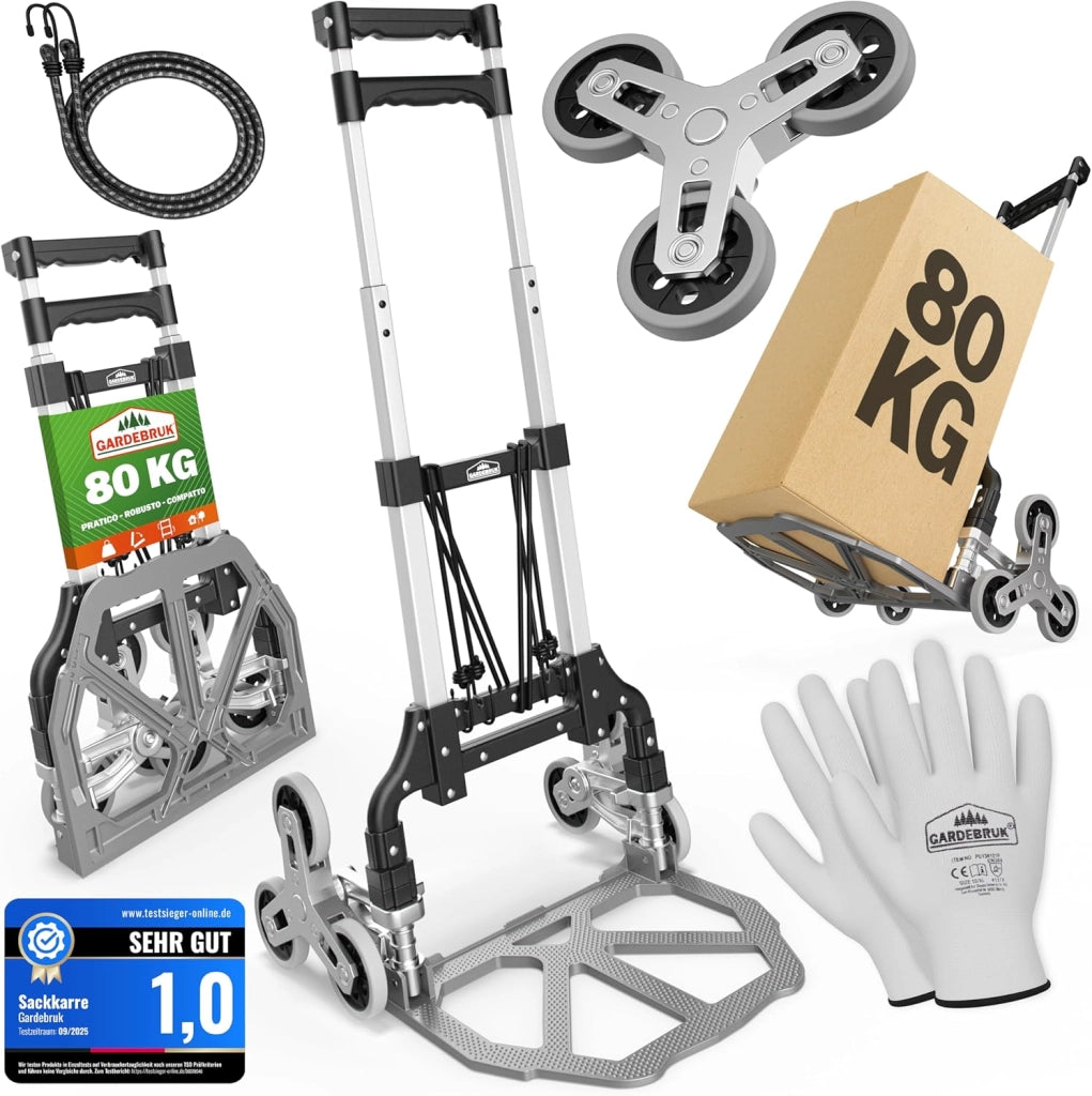 ® Carrello Saliscale con Ruote in PP Antiforatura Pieghevole 80Kg Alluminio Incl. Guanti 2 Corde Carrellino Portapacchi Trasporto Scatole