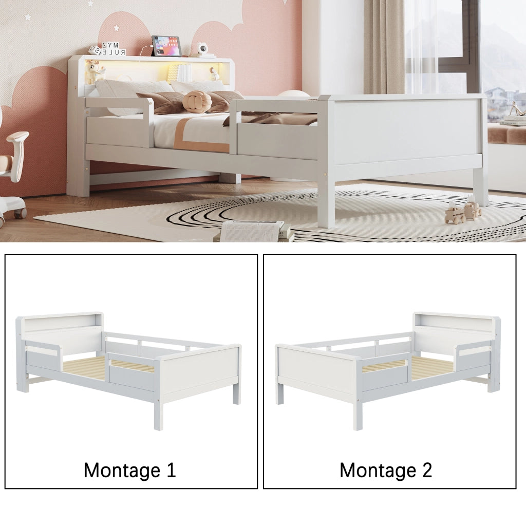 Letto per bambini 90 × 200 cm con luce LED, presa USB e Type-C, testiera con ripiano, senza materasso, bianco