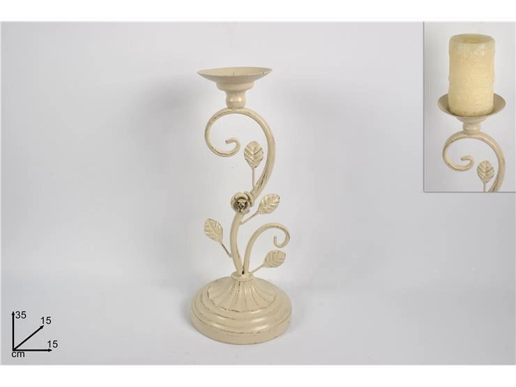 Portacandela Candeliere in Ferro 1 Posto Beige Anticato 35 cm